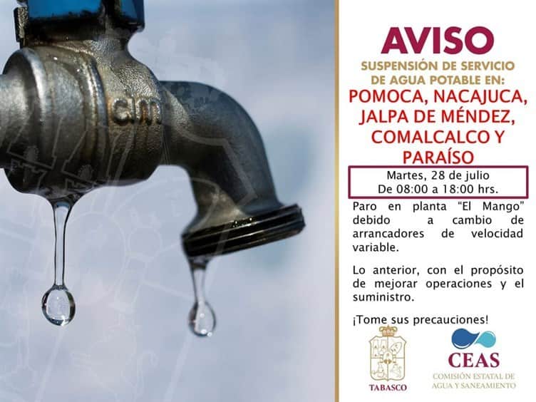 Municipios de Tabasco se quedarán sin agua potable este martes 28 de julio